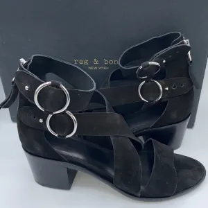 NEW! rag &amp; bone MARI Black Suede Leather Block Heels Ankle Strap Sandals 41/11
