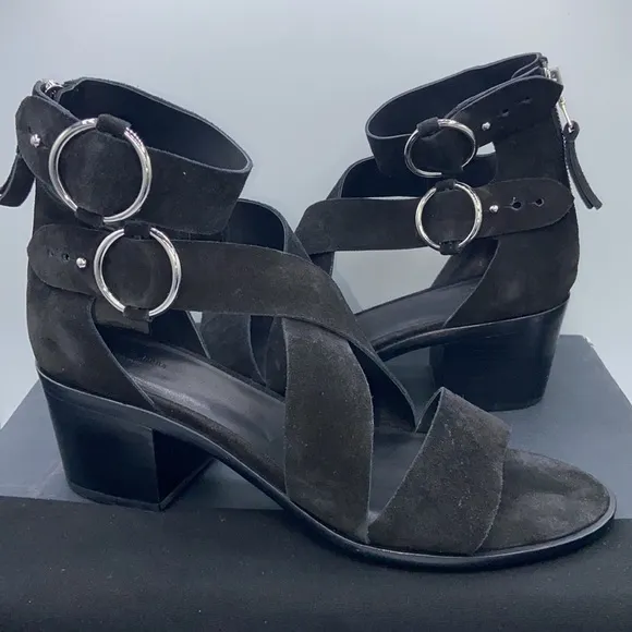 NEW! rag &amp; bone MARI Black Suede Leather Block Heels Ankle Strap Sandals 41/11