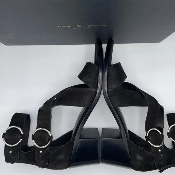 NEW! rag &amp; bone MARI Black Suede Leather Block Heels Ankle Strap Sandals 41/11