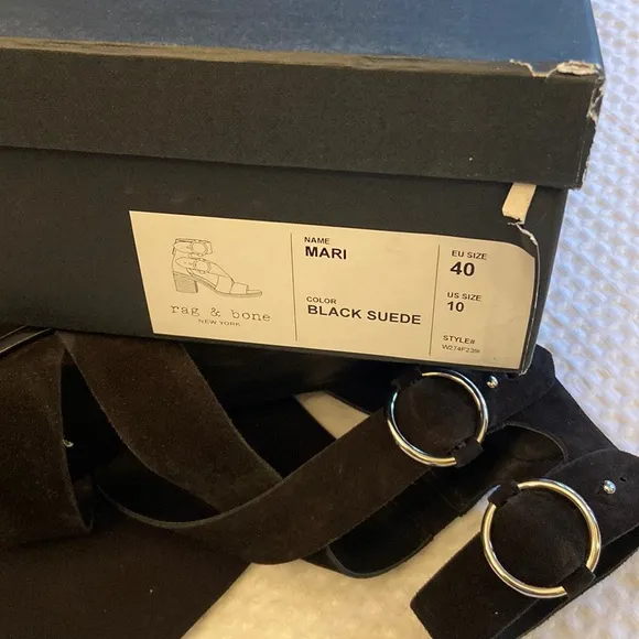 NEW! rag &amp; bone MARI Black Suede Leather Block Heels Ankle Strap Sandals 41/11