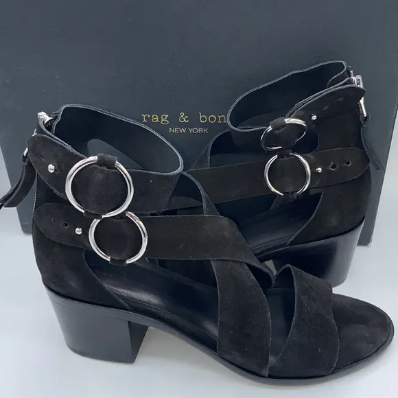 NEW! rag &amp; bone MARI Black Suede Leather Block Heels Ankle Strap Sandals 41/11