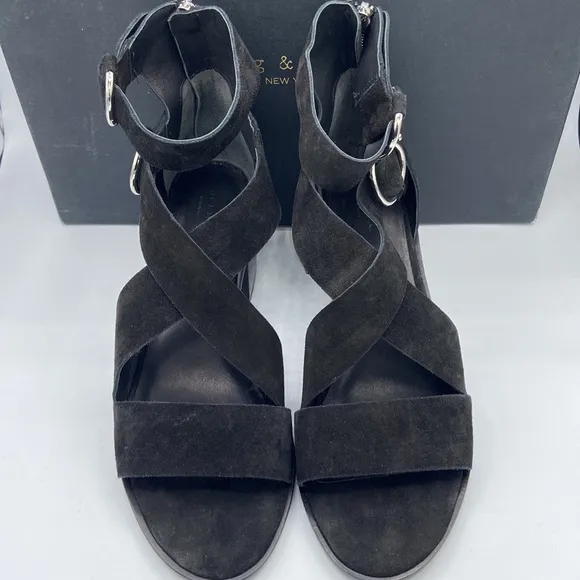 NEW! rag &amp; bone MARI Black Suede Leather Block Heels Ankle Strap Sandals 41/11