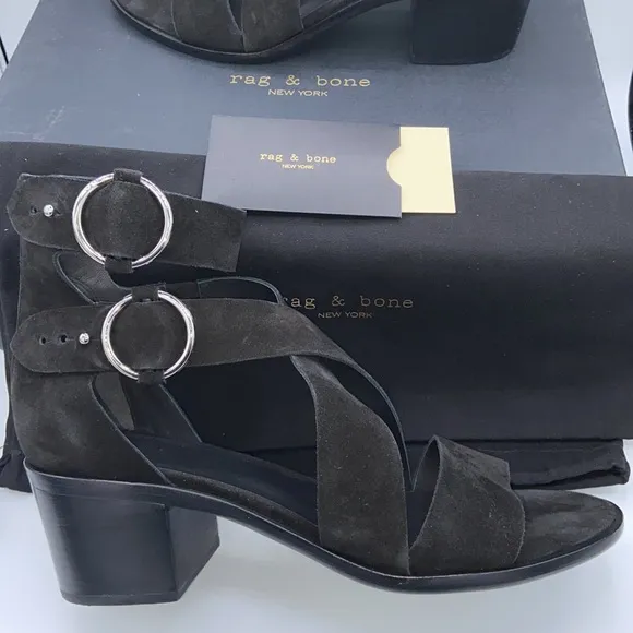 NEW! rag &amp; bone MARI Black Suede Leather Block Heels Ankle Strap Sandals 41/11