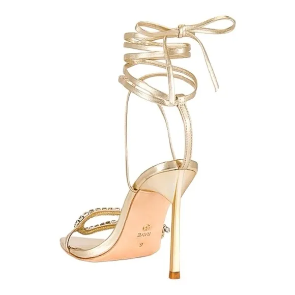 NEW RAYE Revik Stiletto Heel Sandals Crystal Straps Ankle Wrap Tie Metallic Gold