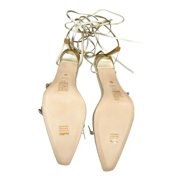 NEW RAYE Revik Stiletto Heel Sandals Crystal Straps Ankle Wrap Tie Metallic Gold