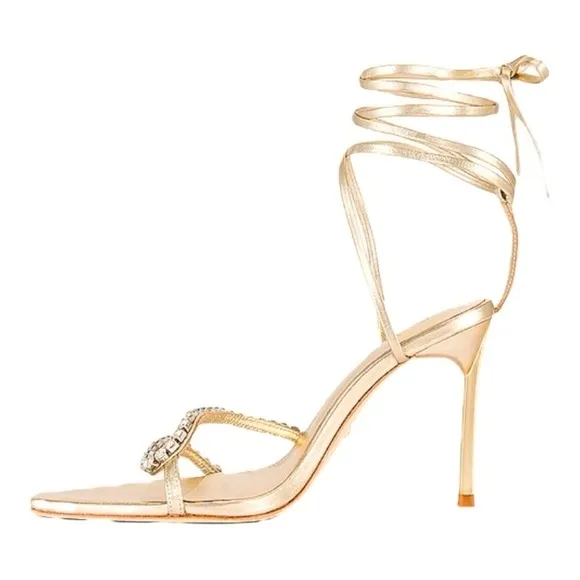 NEW RAYE Revik Stiletto Heel Sandals Crystal Straps Ankle Wrap Tie Metallic Gold