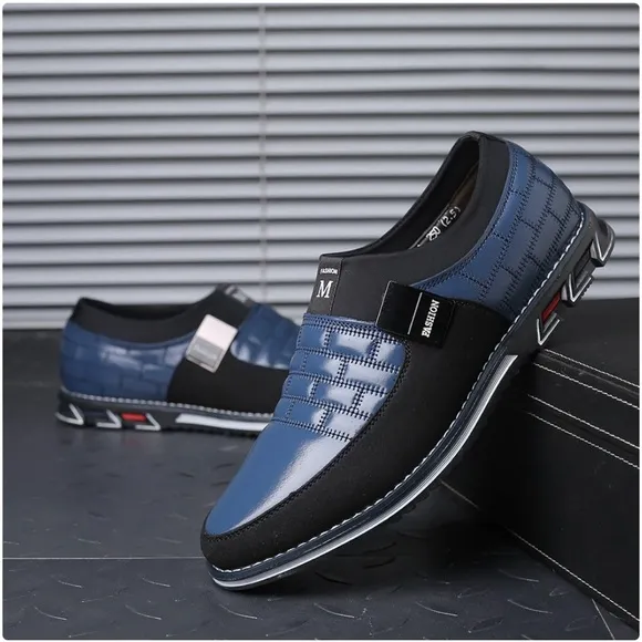 NEW RECYPHI Black and Blue Leather Slip-On Loafers with Durable Sole