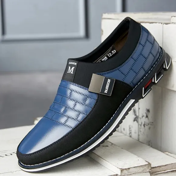 NEW RECYPHI Black and Blue Leather Slip-On Loafers with Durable Sole