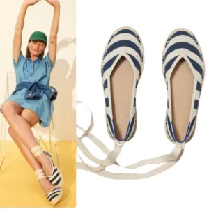 NEW Rothy’s The Espadrille Navy Sailor Stripes Lace Ankle Tie Wrap Espadrilles 7