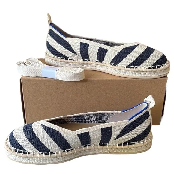 NEW Rothy’s The Espadrille Navy Sailor Stripes Lace Ankle Tie Wrap Espadrilles 7
