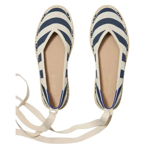 NEW Rothy’s The Espadrille Navy Sailor Stripes Lace Ankle Tie Wrap Espadrilles 7