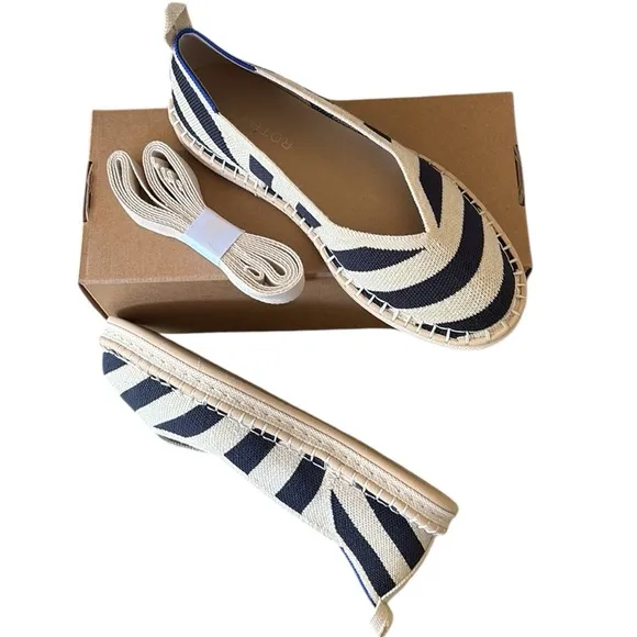 NEW Rothy’s The Espadrille Navy Sailor Stripes Lace Ankle Tie Wrap Espadrilles 7