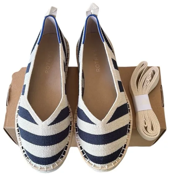 NEW Rothy’s The Espadrille Navy Sailor Stripes Lace Ankle Tie Wrap Espadrilles 7