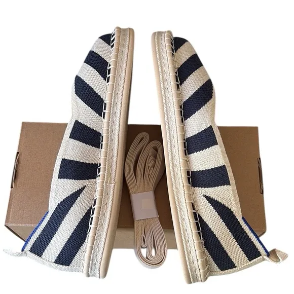 NEW Rothy’s The Espadrille Navy Sailor Stripes Lace Ankle Tie Wrap Espadrilles 7