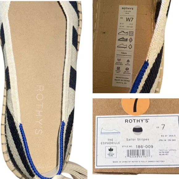 NEW Rothy’s The Espadrille Navy Sailor Stripes Lace Ankle Tie Wrap Espadrilles 7