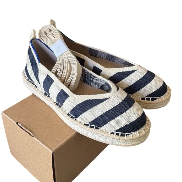 NEW Rothy’s The Espadrille Navy Sailor Stripes Lace Ankle Tie Wrap Espadrilles 7