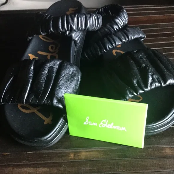 New SAM EDELMAN “VELMA” Leather Black Crocodile Print Ankle Wrap Sandals