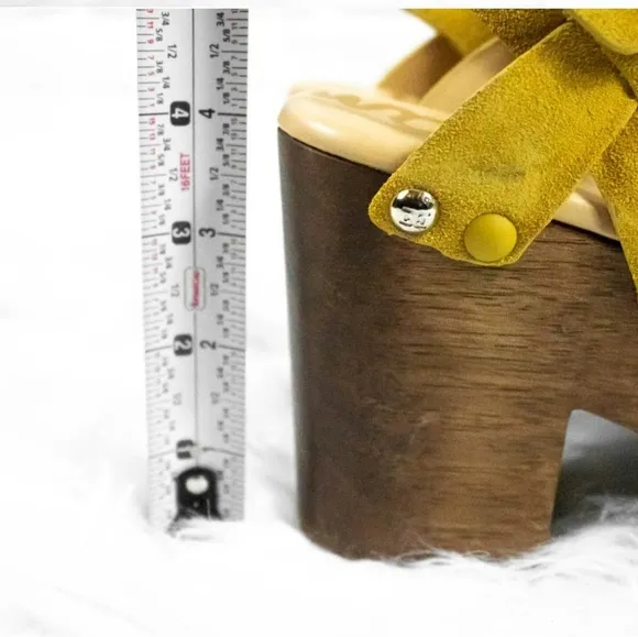 New Sam Edelman Yellow Suede Leather Wood Platform Heel Sandals Size 7.5