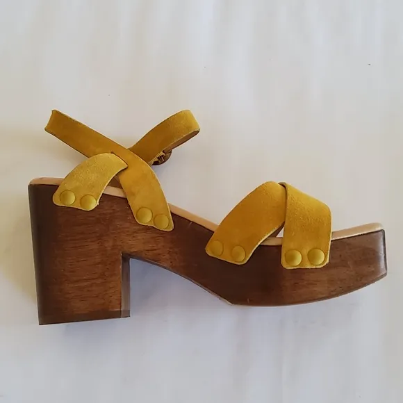 New Sam Edelman Yellow Suede Leather Wood Platform Heel Sandals Size 7.5
