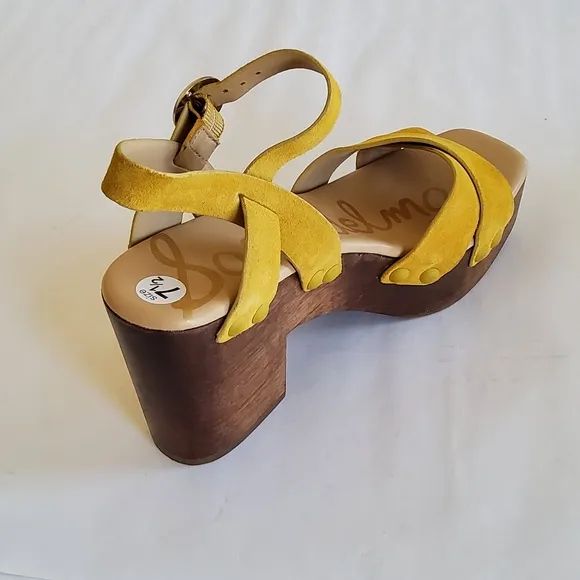 New Sam Edelman Yellow Suede Leather Wood Platform Heel Sandals Size 7.5