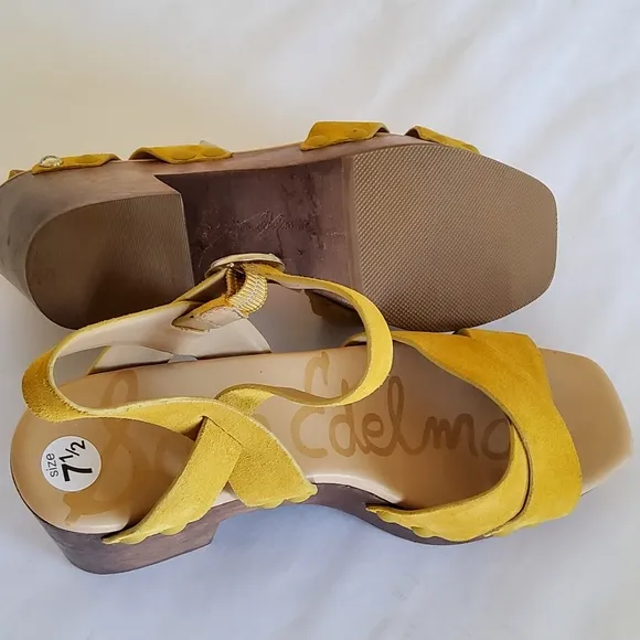 New Sam Edelman Yellow Suede Leather Wood Platform Heel Sandals Size 7.5