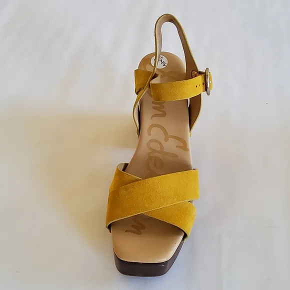 New Sam Edelman Yellow Suede Leather Wood Platform Heel Sandals Size 7.5