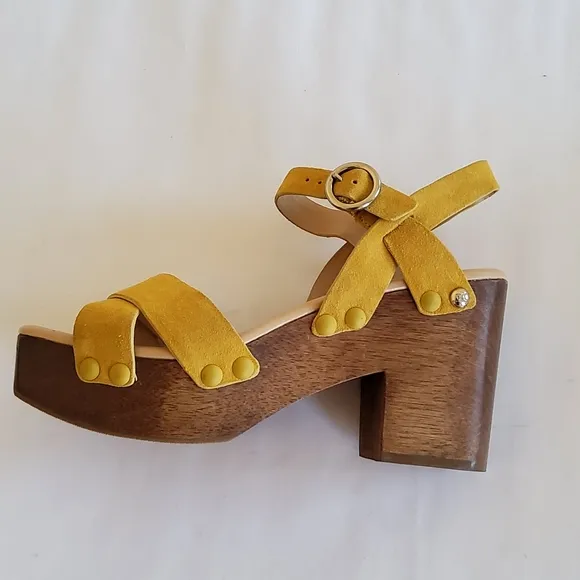 New Sam Edelman Yellow Suede Leather Wood Platform Heel Sandals Size 7.5