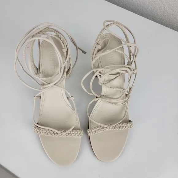 New SCHUTZ Maxima Block Leather Sandal Strappy Wrap White Ivory 7.5