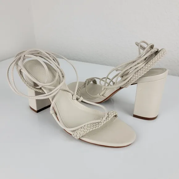 New SCHUTZ Maxima Block Leather Sandal Strappy Wrap White Ivory 7.5