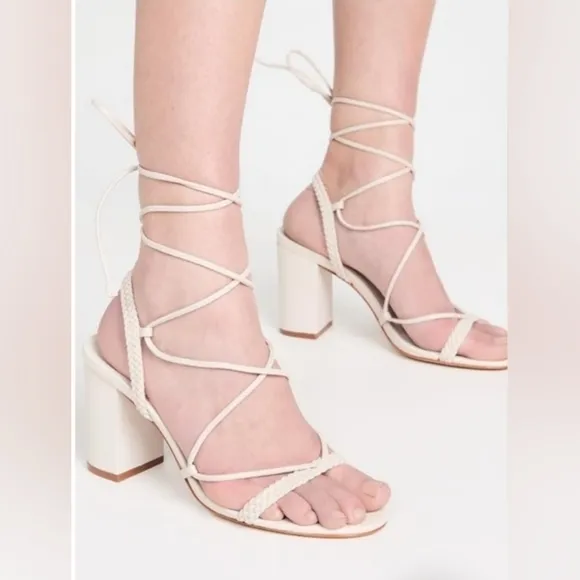New SCHUTZ Maxima Block Leather Sandal Strappy Wrap White Ivory 7.5