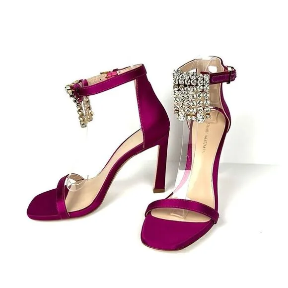 New Stuart Weitzman Fuchsia Satin 100MM Swarovski Fringes High Heels Sandals 6,5