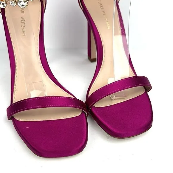 New Stuart Weitzman Fuchsia Satin 100MM Swarovski Fringes High Heels Sandals 6,5