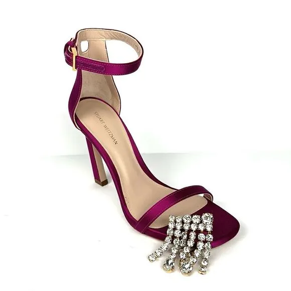 New Stuart Weitzman Fuchsia Satin 100MM Swarovski Fringes High Heels Sandals 6,5