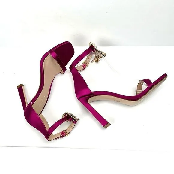 New Stuart Weitzman Fuchsia Satin 100MM Swarovski Fringes High Heels Sandals 6,5