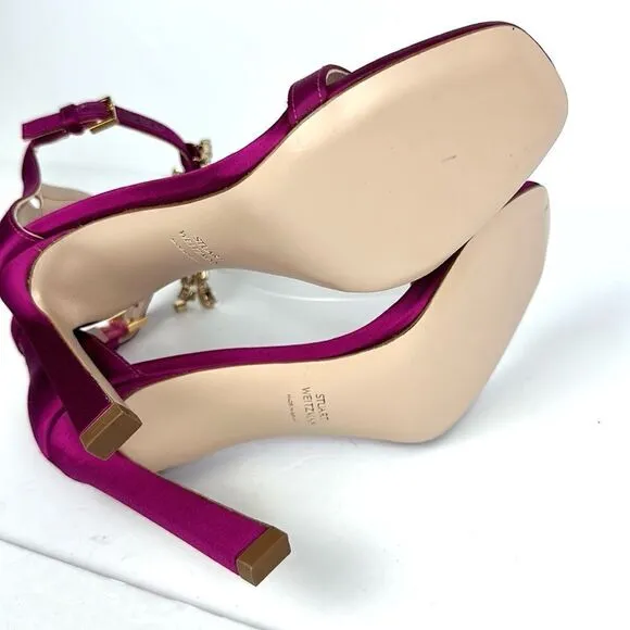 New Stuart Weitzman Fuchsia Satin 100MM Swarovski Fringes High Heels Sandals 6,5