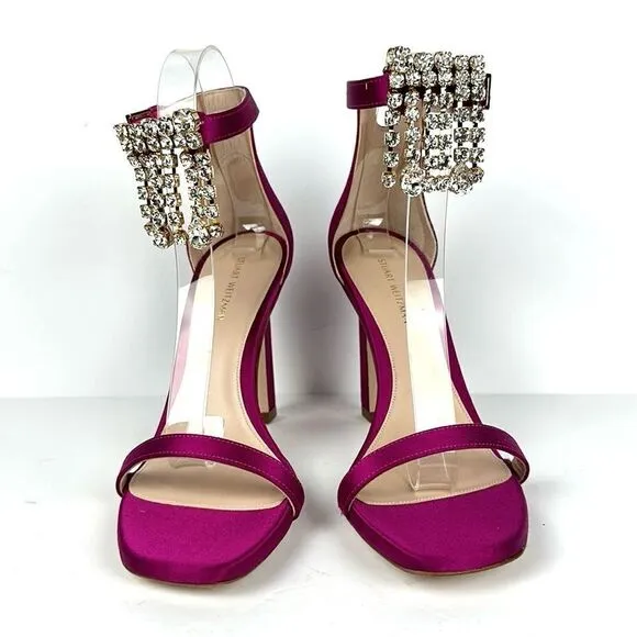 New Stuart Weitzman Fuchsia Satin 100MM Swarovski Fringes High Heels Sandals 6,5