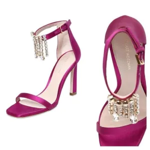 New Stuart Weitzman Fuchsia Satin 100MM Swarovski Fringes High Heels Sandals 6,5