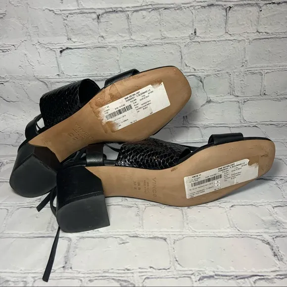 NEW Vince Dunway Ankle-Wrap Leather Snake Print Black Sandals Sz 9