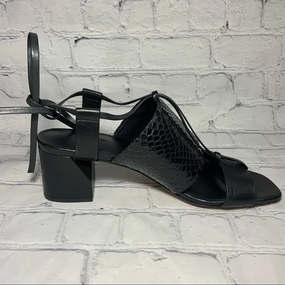 NEW Vince Dunway Ankle-Wrap Leather Snake Print Black Sandals Sz 9