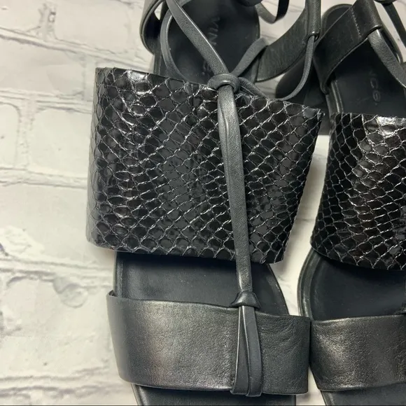 NEW Vince Dunway Ankle-Wrap Leather Snake Print Black Sandals Sz 9