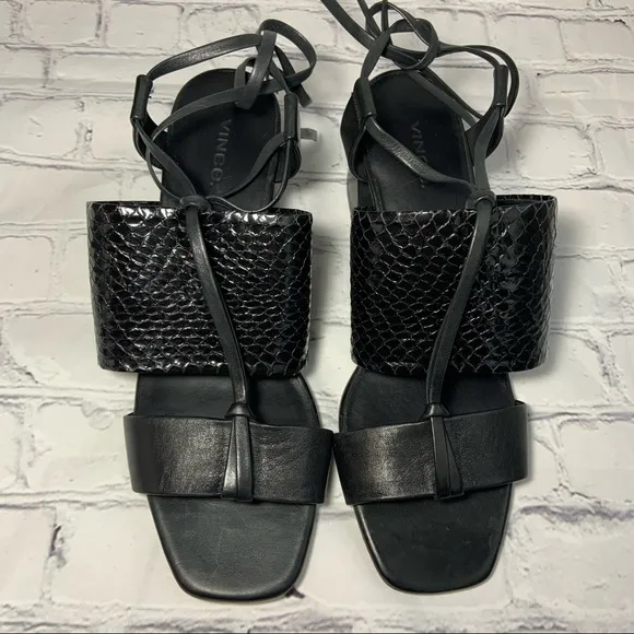 NEW Vince Dunway Ankle-Wrap Leather Snake Print Black Sandals Sz 9
