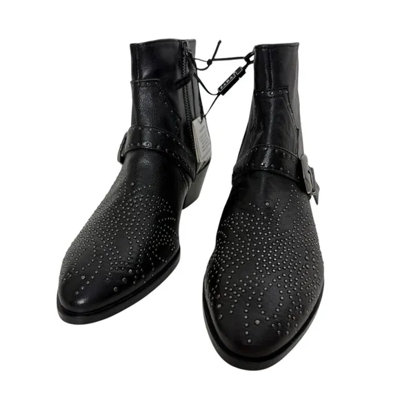 NEW Zara 100% Real Leather Ankle Boots Size 40 US 9 Studded Buckle Biker Booties