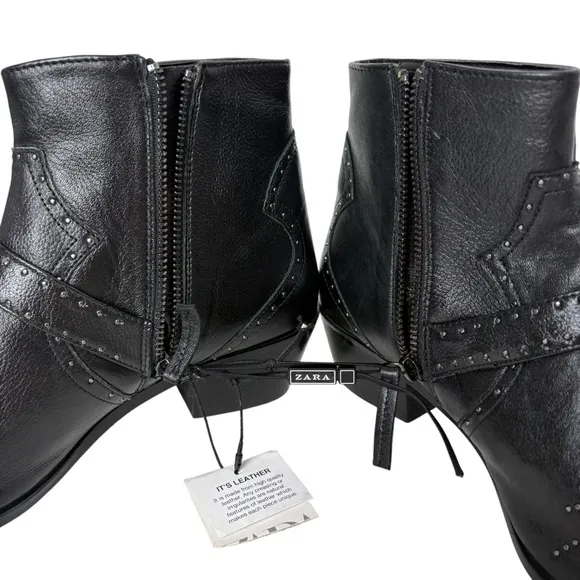 NEW Zara 100% Real Leather Ankle Boots Size 40 US 9 Studded Buckle Biker Booties