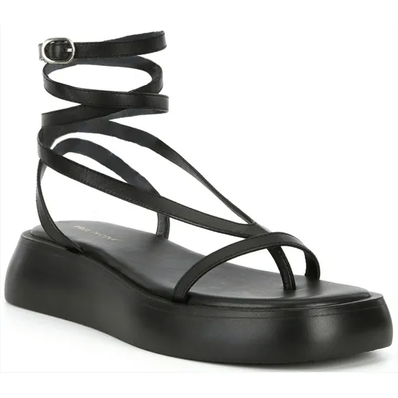 NIB Free People Winnie Strappy Leather Wrap Flatform Sandals, Size 8, Black