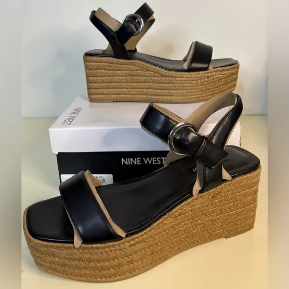 NIB Nine West Black NOAN3 Womens Tweed Open Toe Espadrilles 8.5