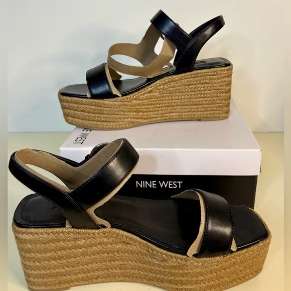 NIB Nine West Black NOAN3 Womens Tweed Open Toe Espadrilles 8.5