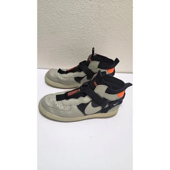 Nike Air Force 1 Mid Utility Sneakers Size 14 Light Grey/Black/Orange Leather &amp;