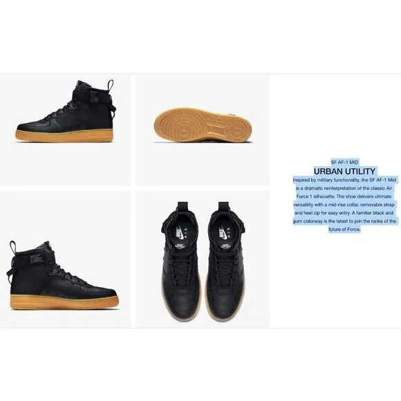 Nike SF Air Force 1 Mid size 8 Black/Gum Urban Utility Sneakers