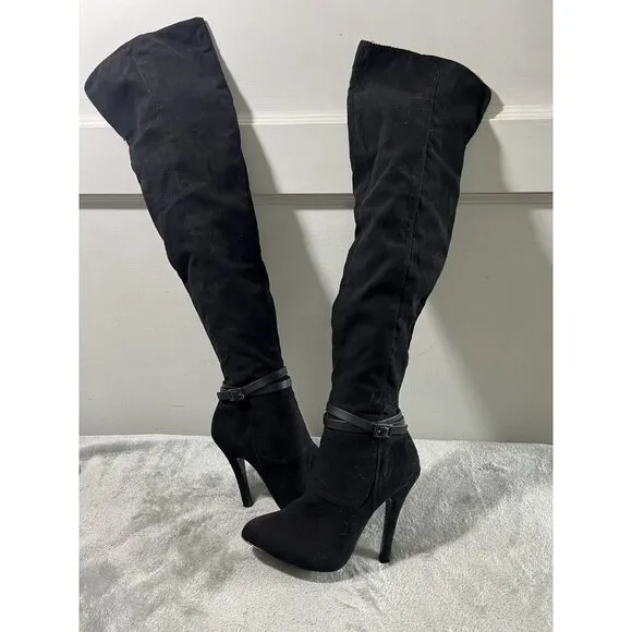 Nina New York 5 M Black Suede Thigh High Tall Pointy Toe Boots Witchy Mob Wife
