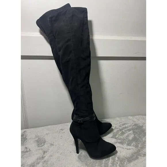 Nina New York 5 M Black Suede Thigh High Tall Pointy Toe Boots Witchy Mob Wife